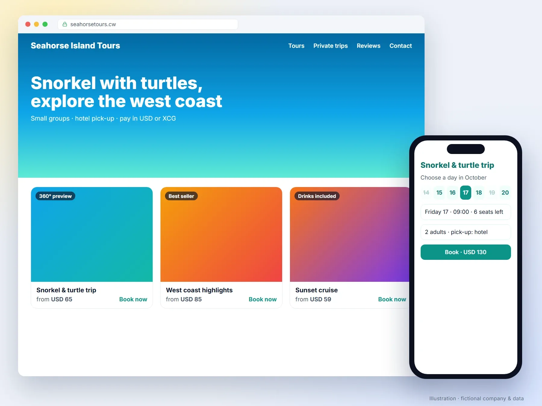 Tour website with online booking (illustration, fictional company)