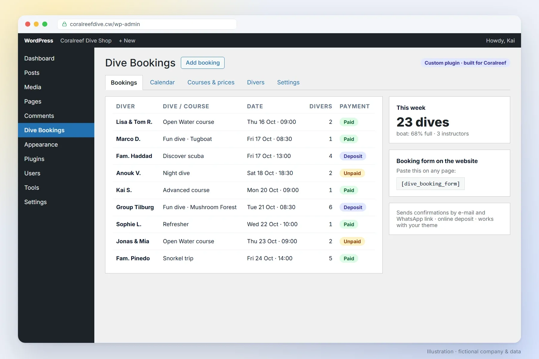 WordPress admin with a custom booking plugin built for a dive shop (illustration, fictional data)