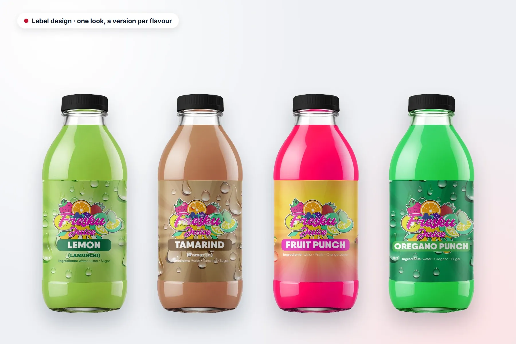 Bottle labels for four juice flavours designed by Oliver Dean Group