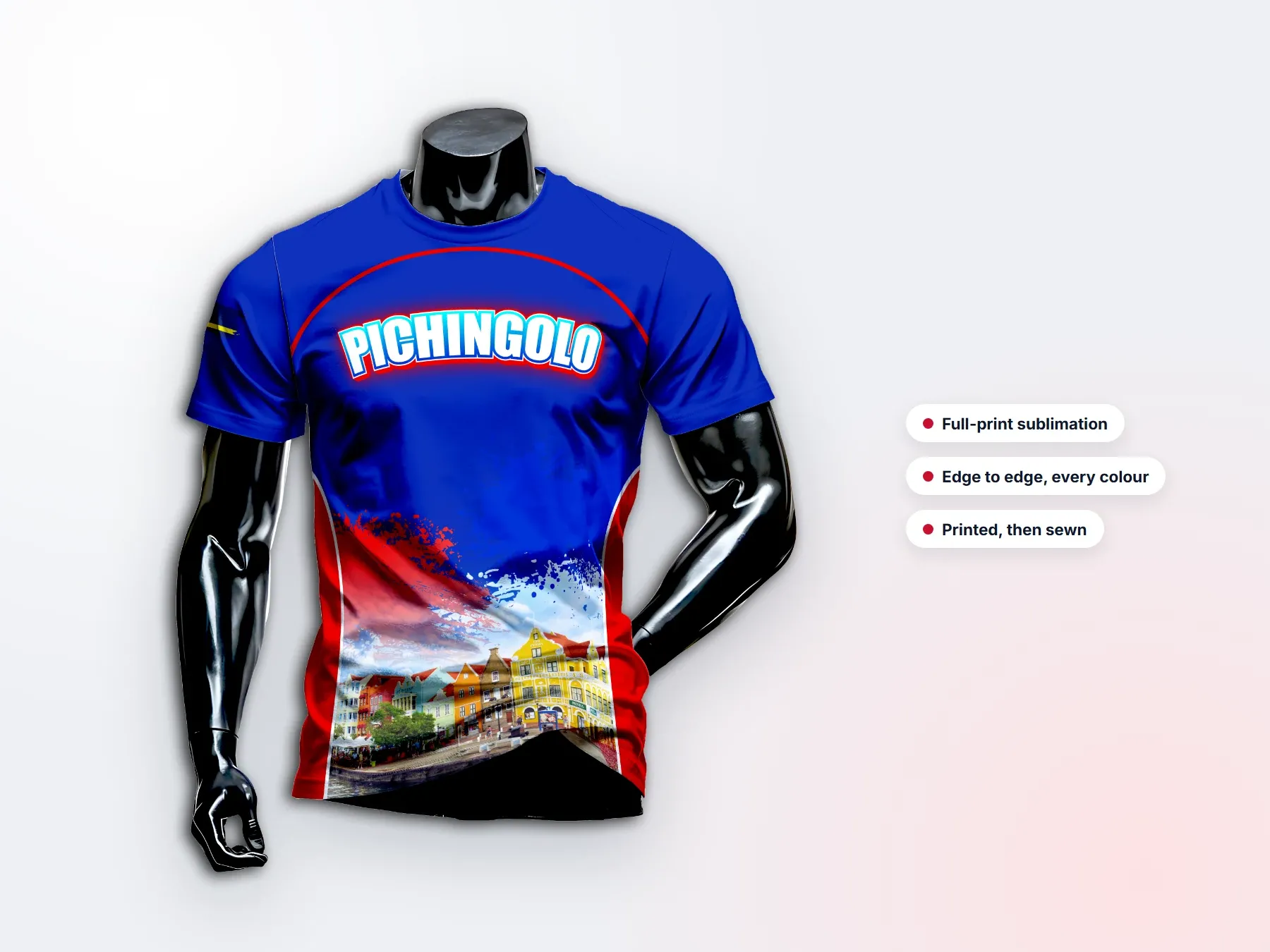 Full-print sublimation shirt on a mannequin