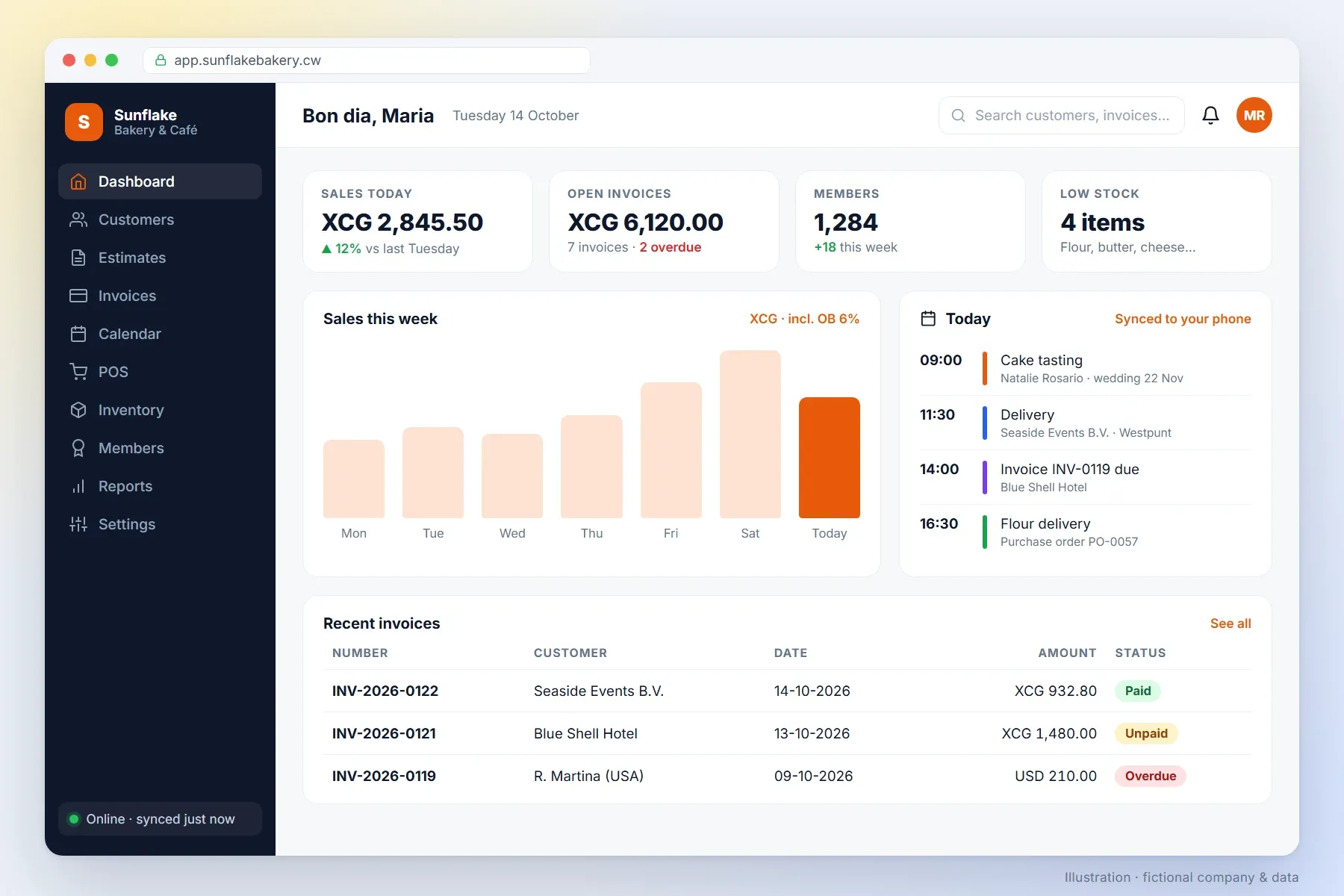 Dashboard of a bakery with sales in XCG, open invoices, members and today’s agenda (illustration, fictional data)