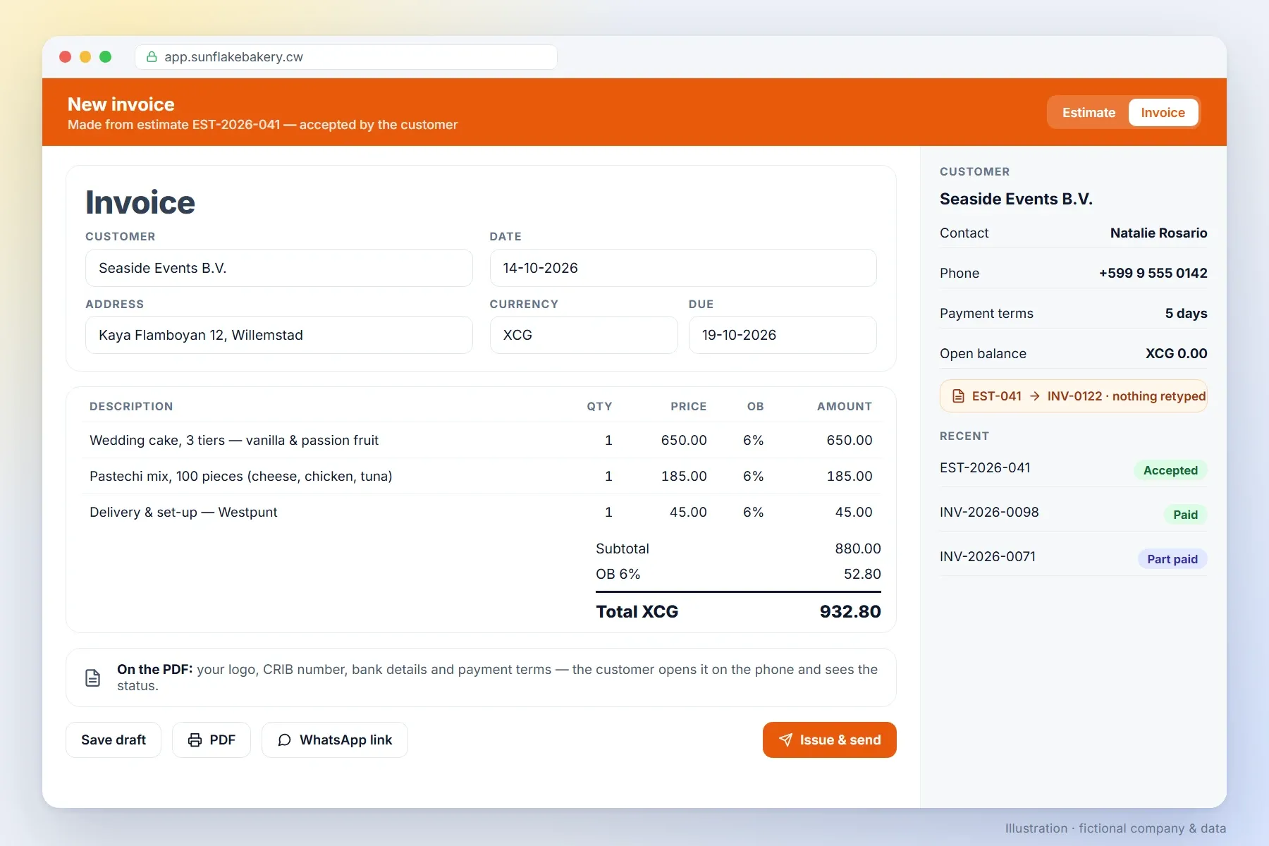 Invoice made from an accepted estimate, in XCG with 6% OB (illustration, fictional data)