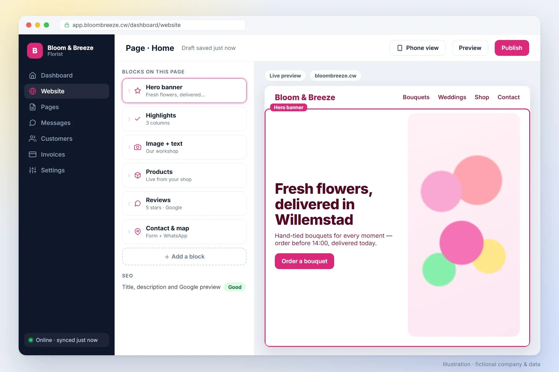 Website editor in your own dashboard with blocks and a live preview (illustration, fictional data)