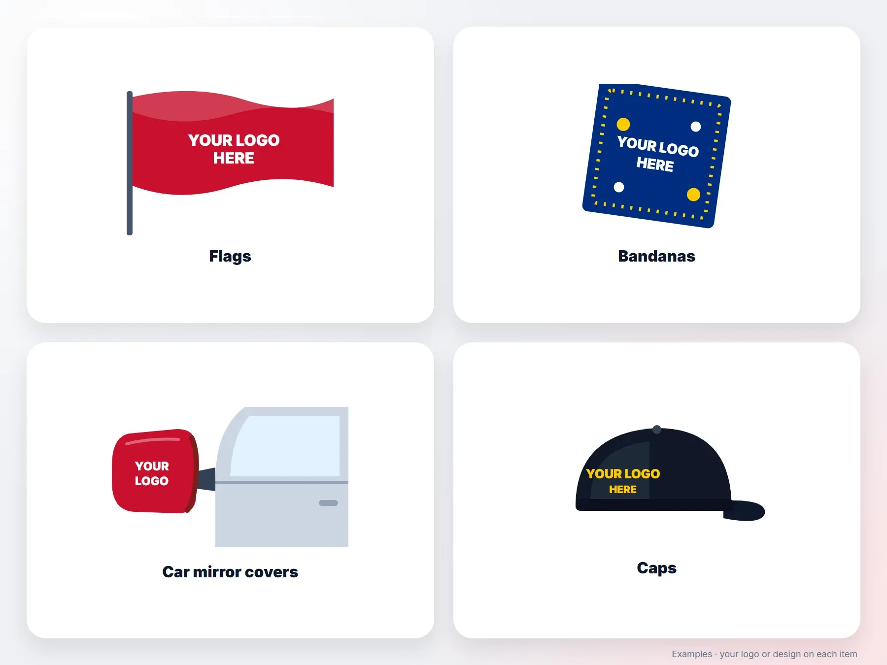 Examples of textile printing: flags, bandanas, car mirror covers and caps with your logo