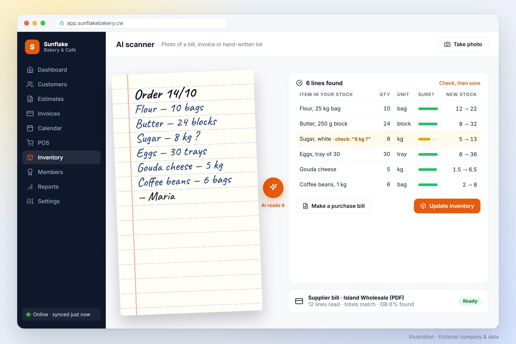 AI scanner reading a hand-written order list into inventory lines (illustration, fictional data)