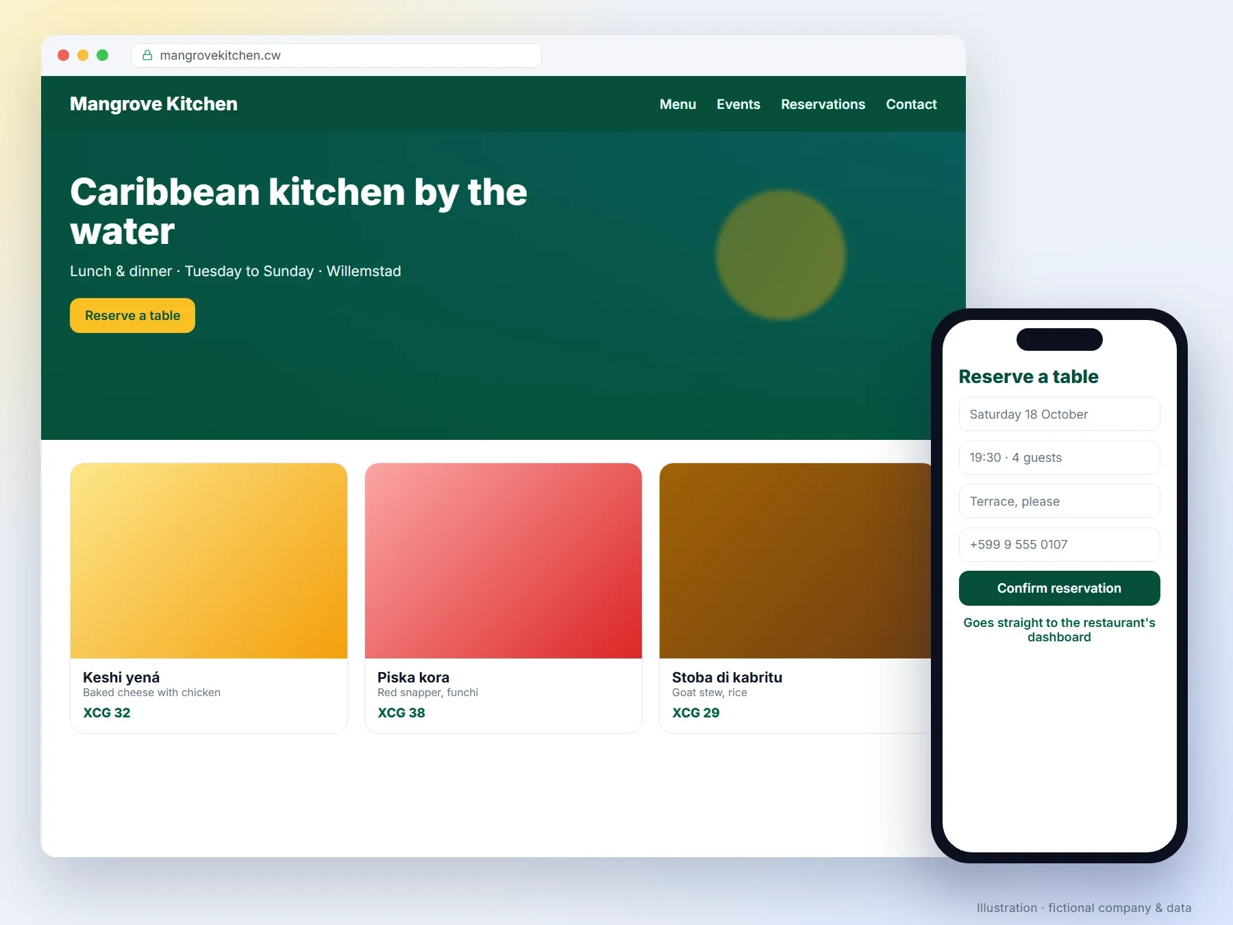 Restaurant website with online reservations on a phone (illustration, fictional company)