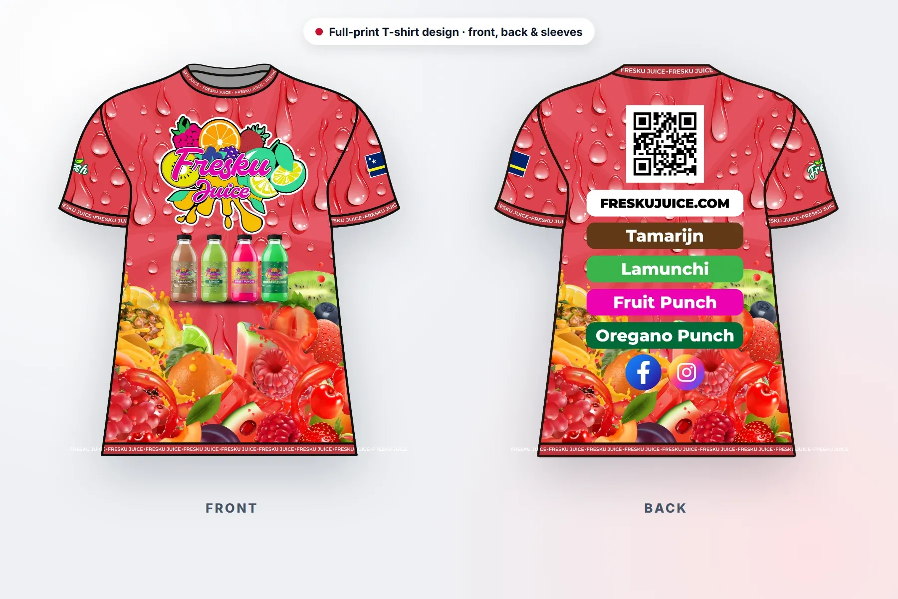 Full-print T-shirt design, front and back, by Oliver Dean Group
