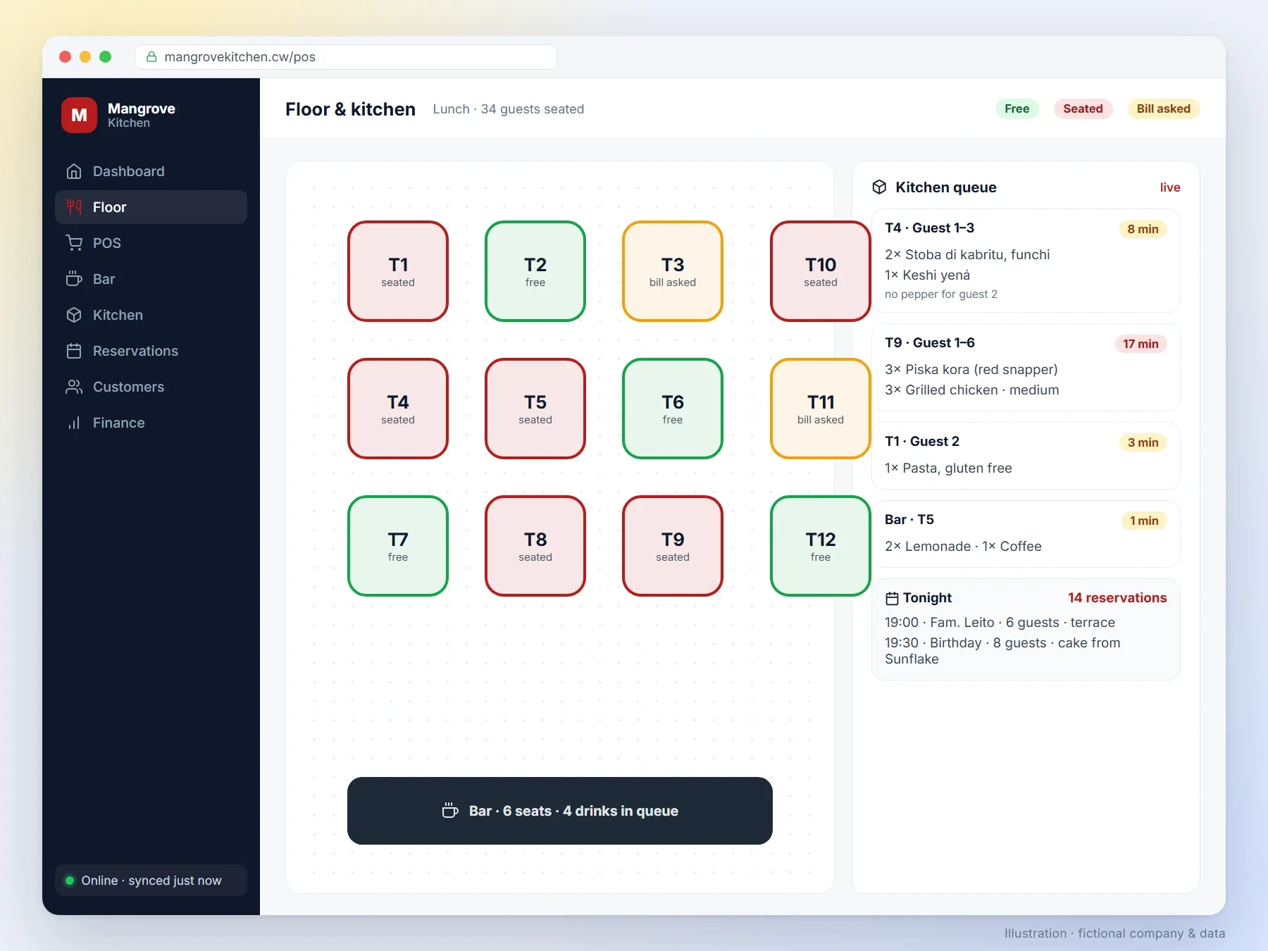 Restaurant System — floor plan, live POS for waiters, bar and kitchen, reservations
