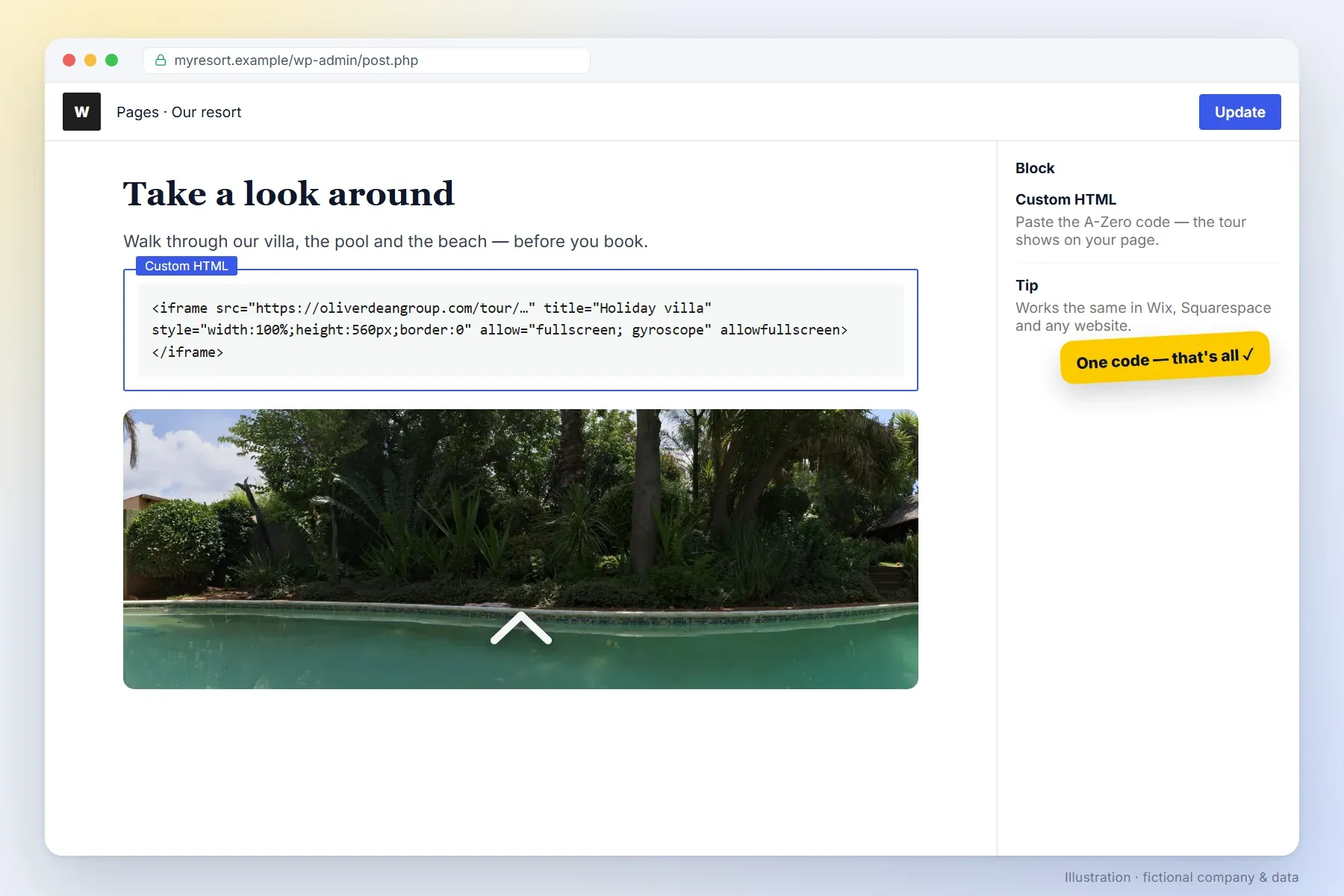 An A-Zero tour pasted into a WordPress page with one HTML code (illustration, fictional website)