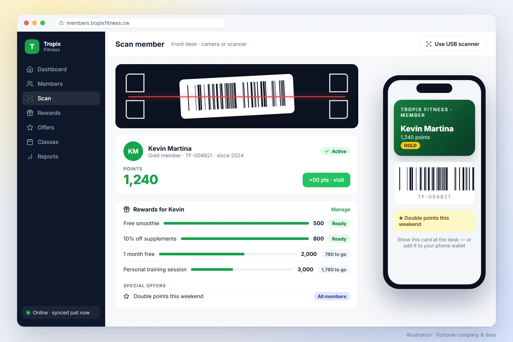 Member card with barcode on a phone and the scan screen with points and rewards (illustration, fictional data)