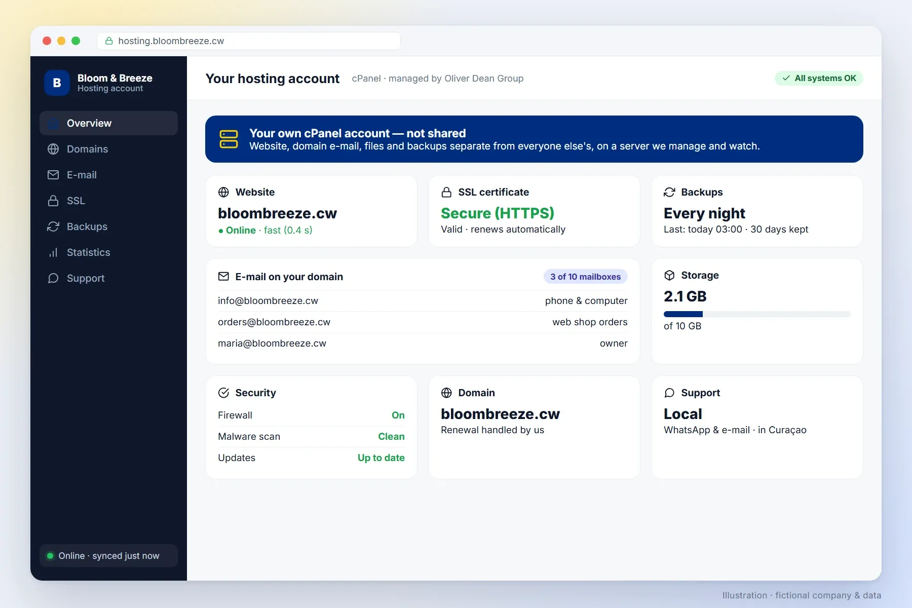Your own managed cPanel hosting account with website, SSL, e-mail and backups (illustration, fictional data)