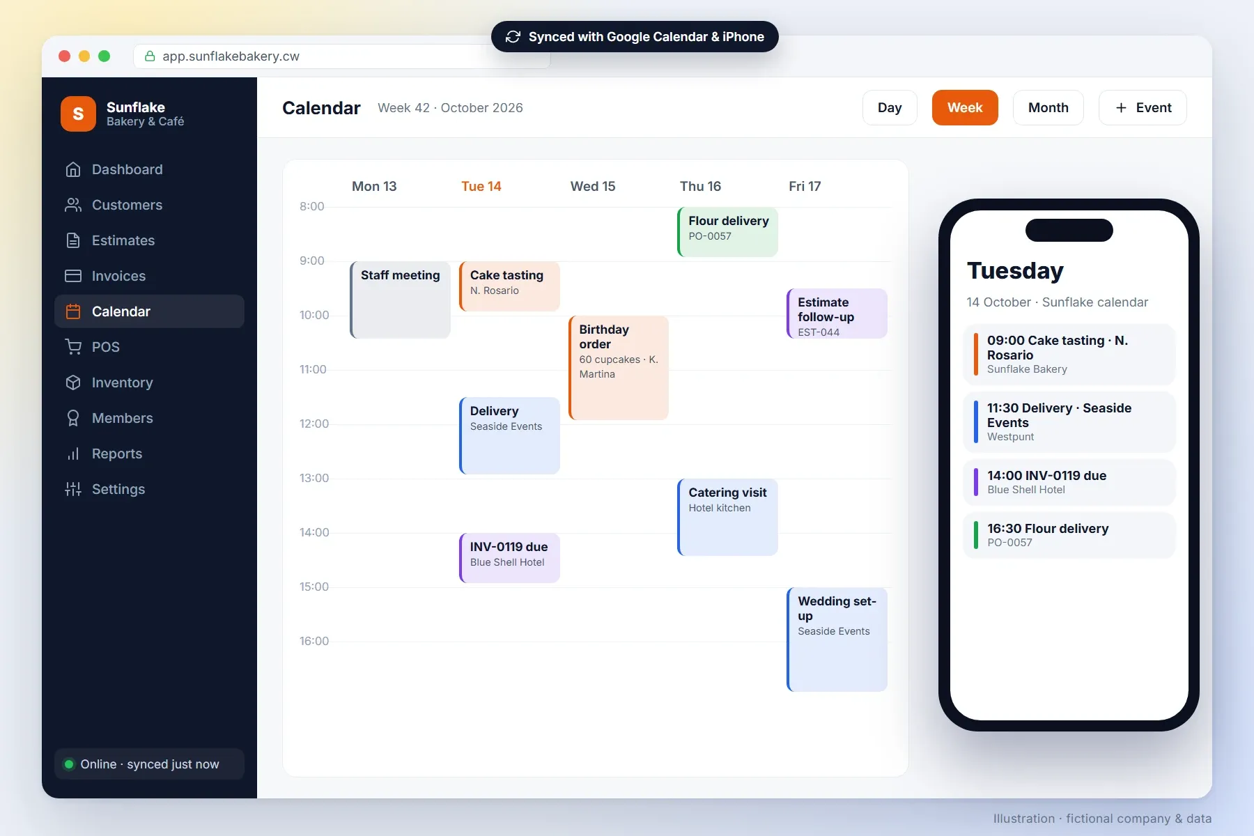 Week calendar in the dashboard, synced to the calendar on an iPhone (illustration, fictional data)