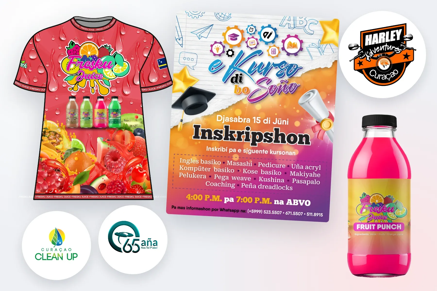 Designs by Oliver Dean Group: a full-print juice shirt, a course flyer, logos and a bottle label