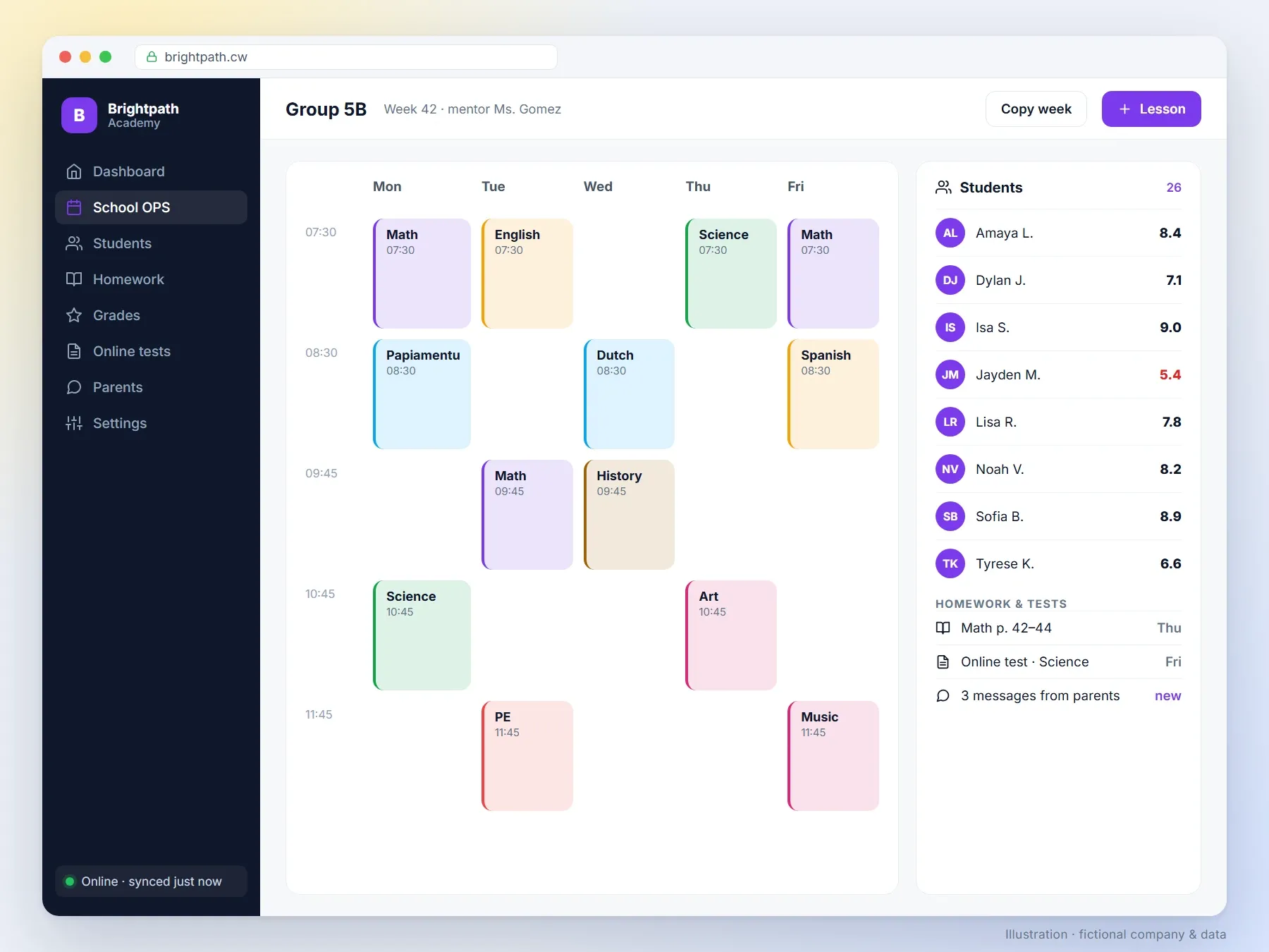 School System — timetables, homework, grades, online tests and a parent dashboard