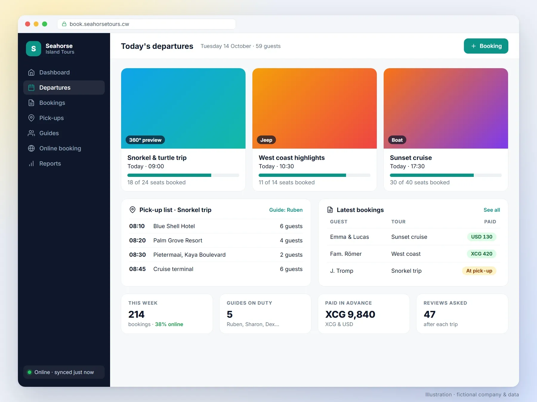 Tour System — departures, seats, pick-up lists and online booking
