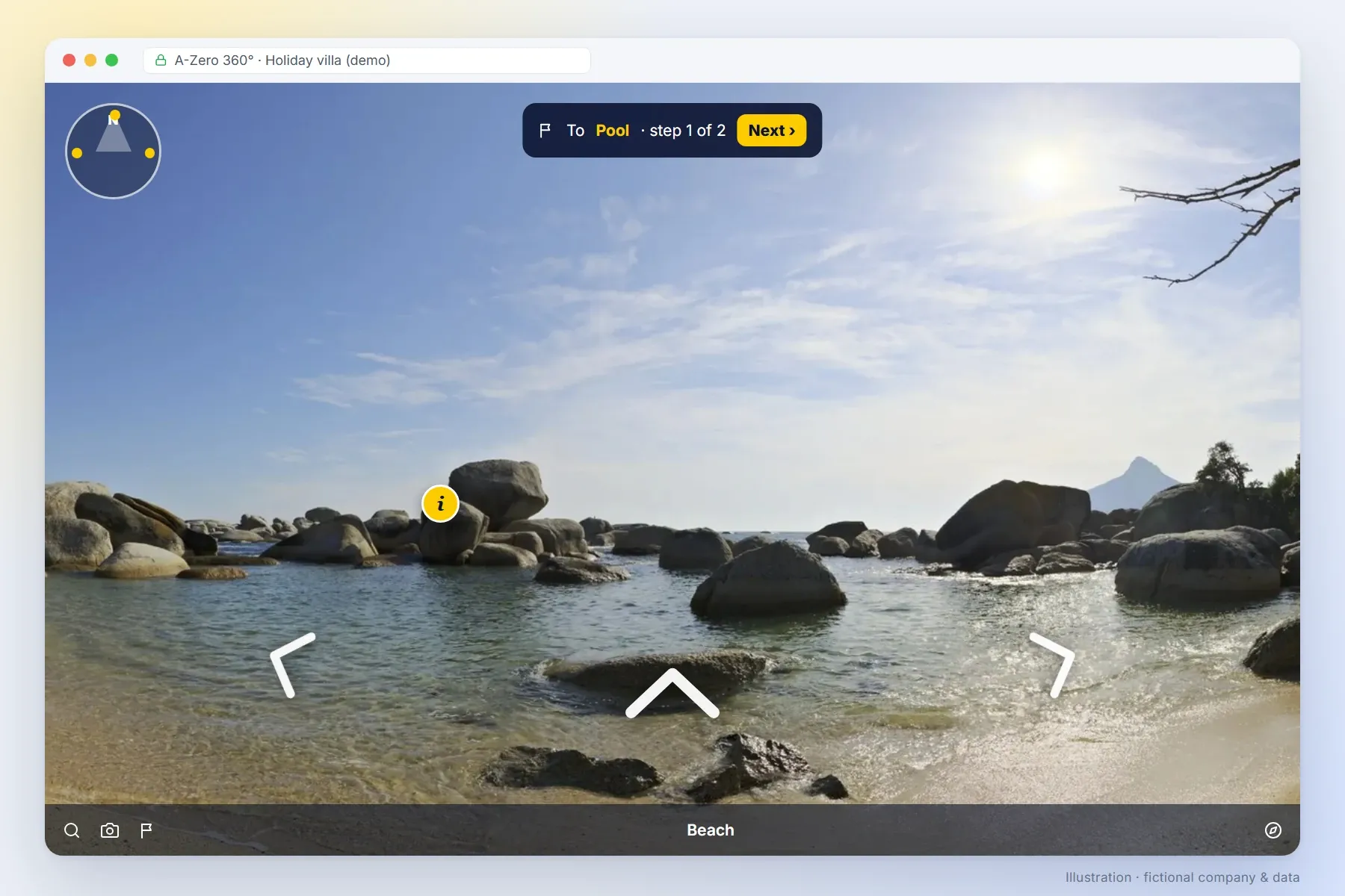 An A-Zero 360° tour: arrows to walk, a compass, an info point and a "Go to" route