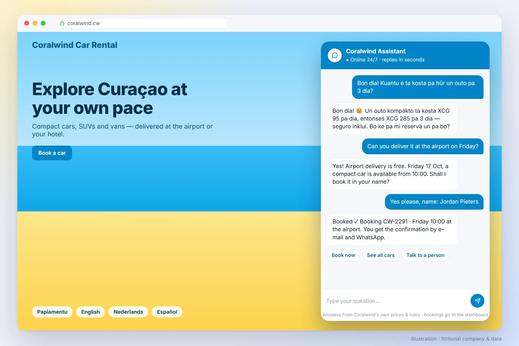 AI chat assistant on a car rental website answering in Papiamentu and English (illustration, fictional data)